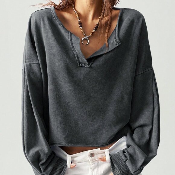 Dark Grey Casual Women's V-Neck Long Sleeve Loose Pullover Sweatshirt - Picture 1 of 8